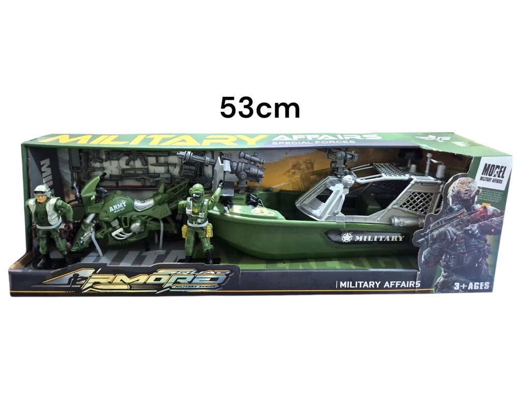 BOTE MILITAR CON MOTO 2 MUÑECOS C/ ACCESORIOS 53X16CM