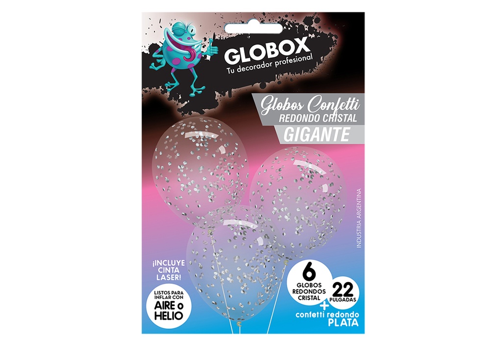 GLOBO REDONDO CRISTAL GIGANTE CON CONFETTI X 6 DE 22"