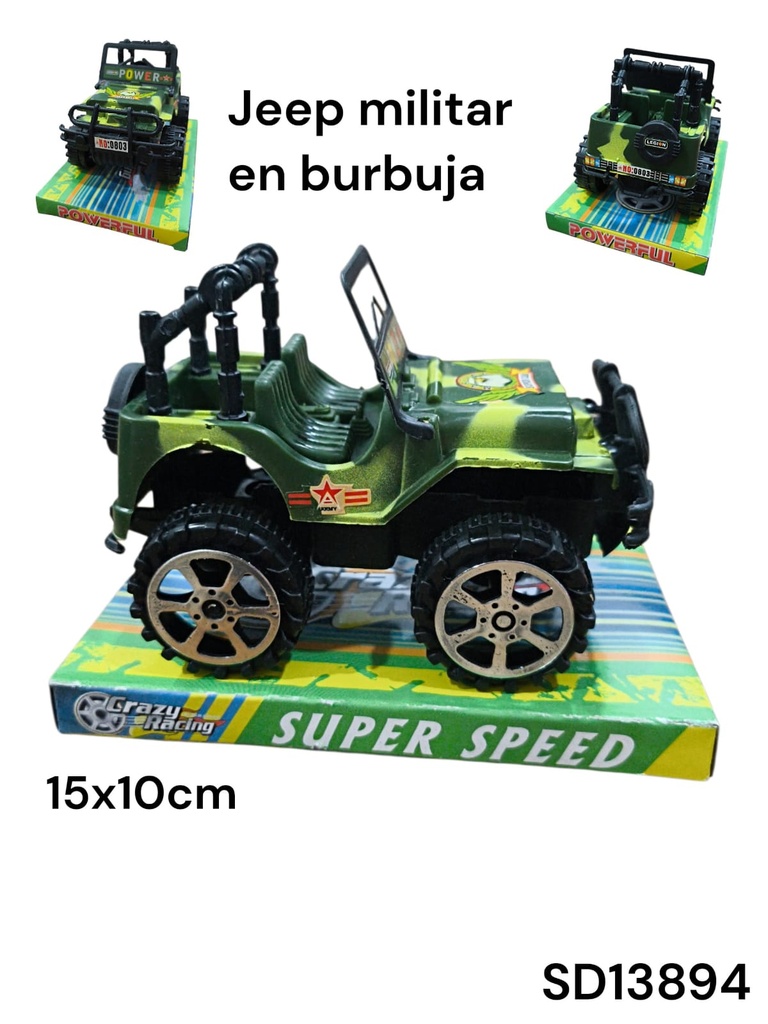 CAMIONETA JEEP MILITAR FRICCION EN BURBUJA CHICO SUPER SPEED SD13894