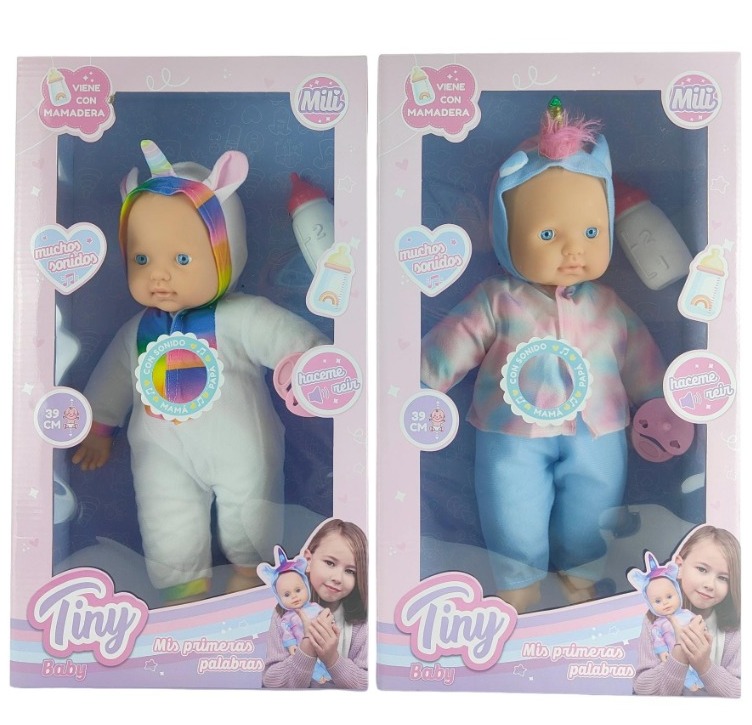 BEBOTE MILI TINY CON MAMADERA Y CHUPETE C/ SONIDOS 39CM 55792